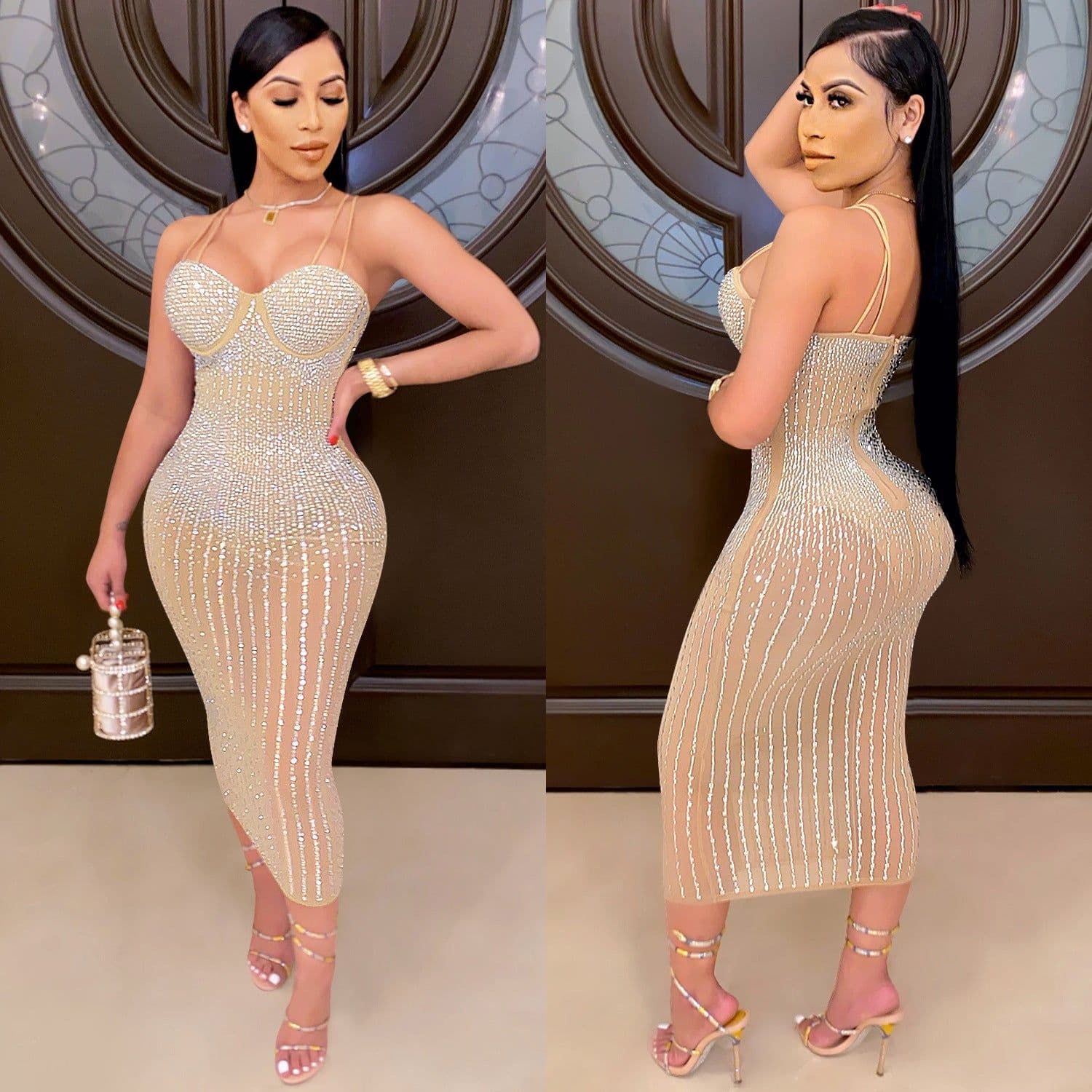 image-Women's Mesh Dress - Diamond Embellished U-Neck Midi