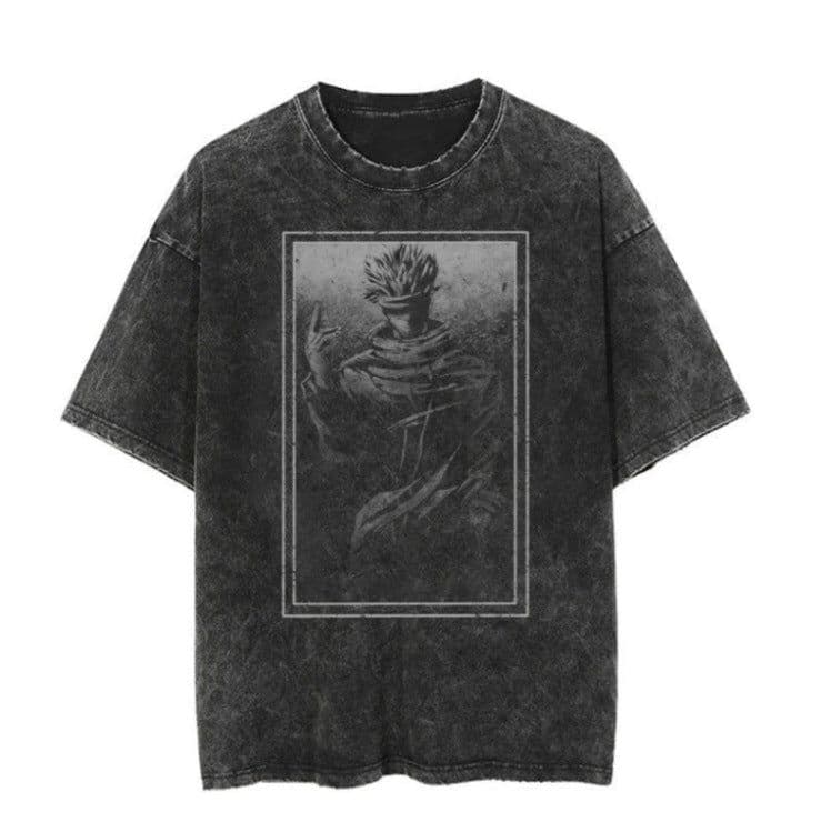 image-Washed Black Cartoon T-shirt, XXXL, Breathable Cotton