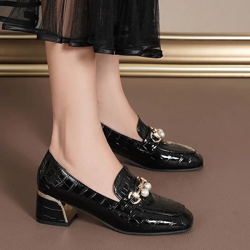 image-Women's Loafers Black Square Toe Tassel Size 42