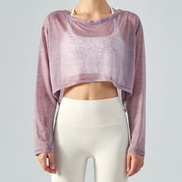 image-Yoga blouse women's loose fitness top light jacket light and breathable mesh yarn round neck spring and summer long-sleeved yoga clothing