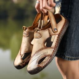 image-Men's Sandals - Large Size, Breathable, Yellow Brown Leather, Outdoor Hiking