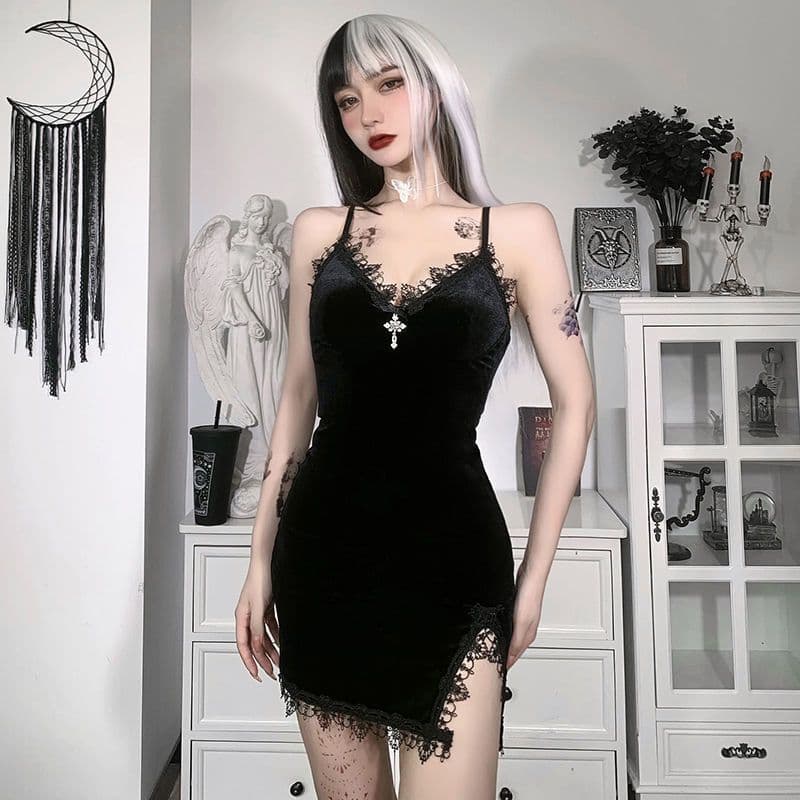 image-Women's Black Velvet Suspender Dress - High Waist XXXL
