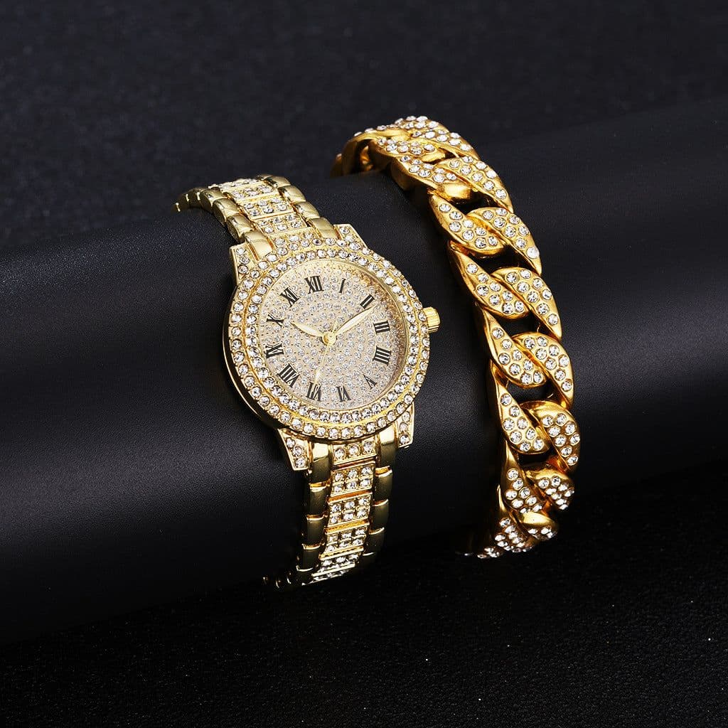 image-Roman Steel Belt Watch Full Diamonds Starry Quartz Hip-Hop Style (64 characters)