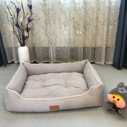 image-Square Kennel Pet Cushion Mat - Washable, Breathable, Cotton & Linen, Gray/Pink