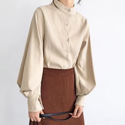image-Black Cotton Lantern Sleeve Stand Collar Shirt