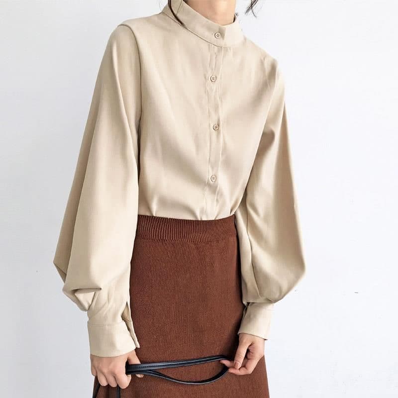 image-Black Cotton Lantern Sleeve Stand Collar Shirt
