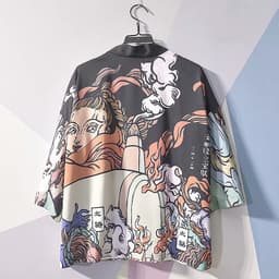image-A generation of Japanese ukiyo-e Taoist robe sea wave carp kimono male and female couple three-quarter sleeve shirt wholesale