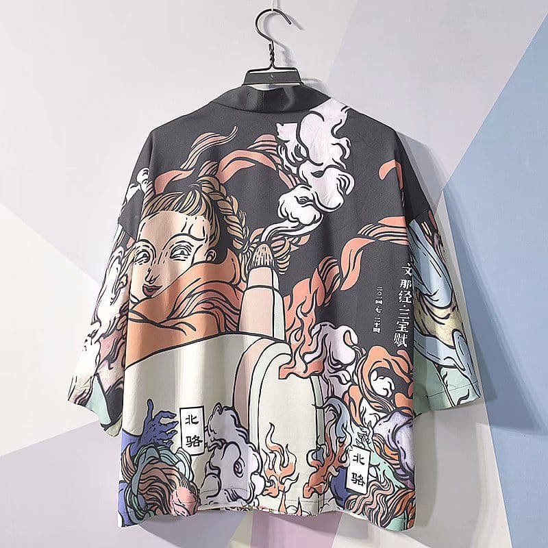 image-A generation of Japanese ukiyo-e Taoist robe sea wave carp kimono male and female couple three-quarter sleeve shirt wholesale