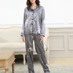 image-Women's Satin Pajama Set - Long Sleeve Cardigan Winter