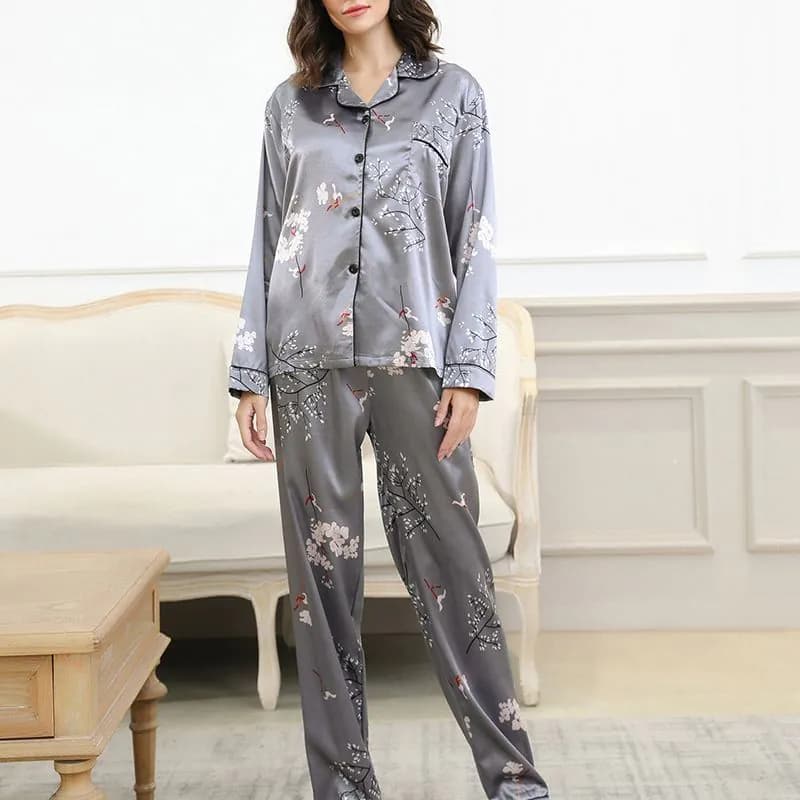image-Women's Satin Pajama Set - Long Sleeve Cardigan Winter