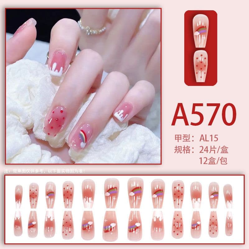 image-Winter fresh and simple pure lust style bride dance wear nails rainbow love rose fake nails wholesale