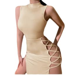 image-Women's Midi Skirt - Beige Lace-Up Sleeveless