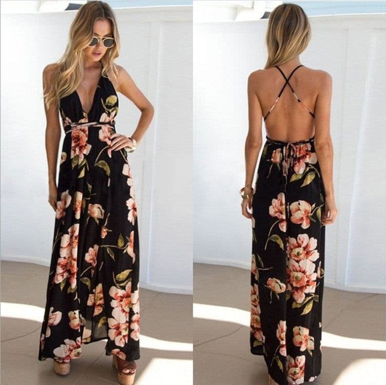 image-Yisa Meier Women's Printed Sling Halter Beach Dress Black XL