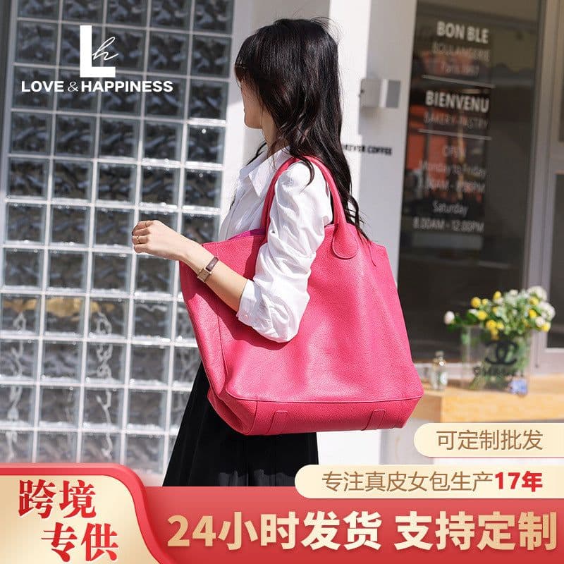 image-European & American Tote Bag, Large Genuine Leather, Khaki, Extra Large Capacity