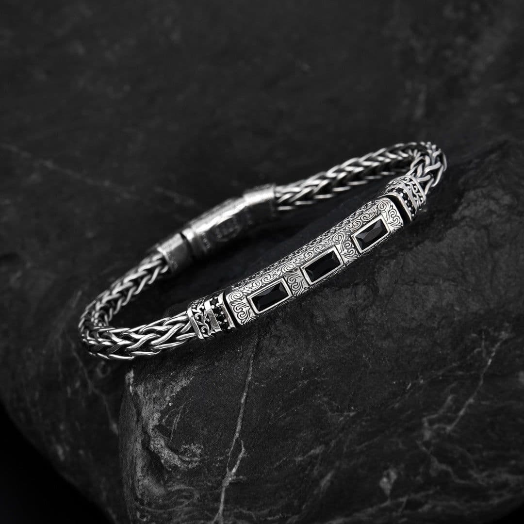 image-Seiko 925 Sterling Silver Bracelet, Men's Rattan Pattern, Unisex Jewelry, Retro Design