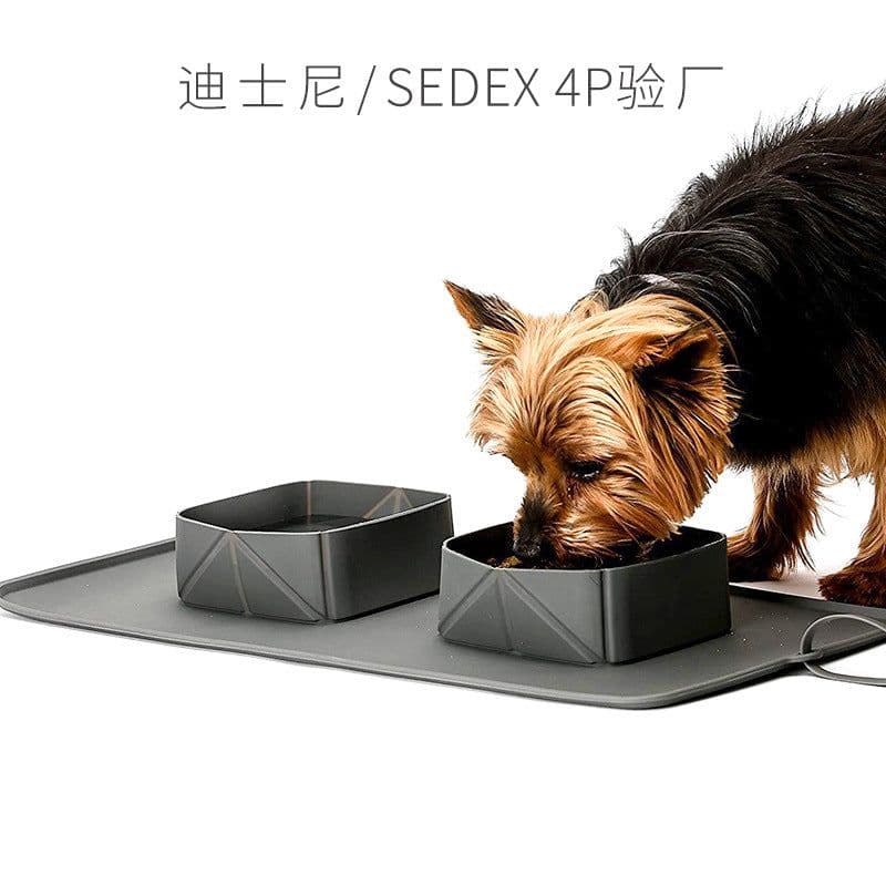 image-Pet Bowl Silicone Folding Dog Double Bowl Grey Non-Slip Portable Outdoor