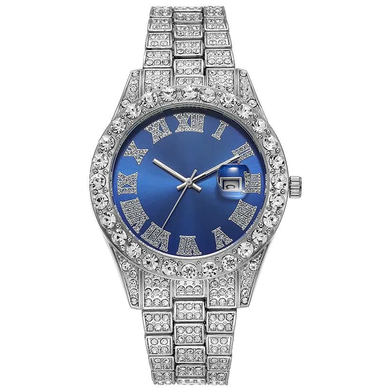 image-Hiphop watch European and American hot style men's steel belt hip-hop Roman scale diamond calendar men's quartz watch