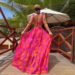 image-2024 European and American new bikini ruffled straps printed high waist split swimsuit and umbrella skirt set