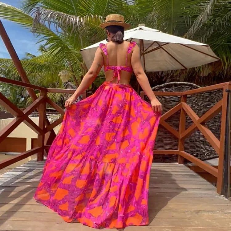 image-2024 European and American new bikini ruffled straps printed high waist split swimsuit and umbrella skirt set