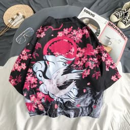 image-A generation of Japanese ukiyo-e Taoist robe sea wave carp kimono male and female couple three-quarter sleeve shirt wholesale