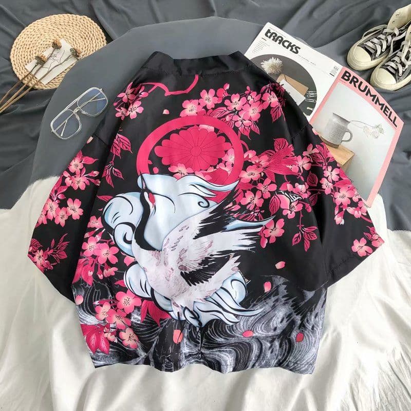 image-A generation of Japanese ukiyo-e Taoist robe sea wave carp kimono male and female couple three-quarter sleeve shirt wholesale