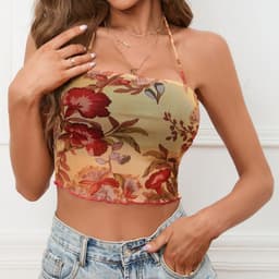 image-Women's Flower Printed Halter Mesh Camisole