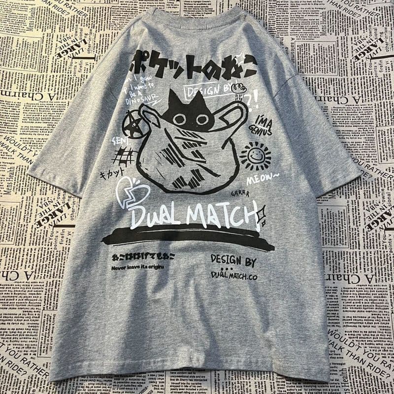 image-Cartoon Print T-Shirt - White Cotton Loose Fit