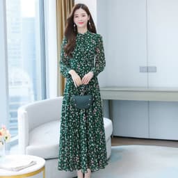 image-Floral Green Chiffon Dress - Big Swing Long Skirt 4XL Elegant