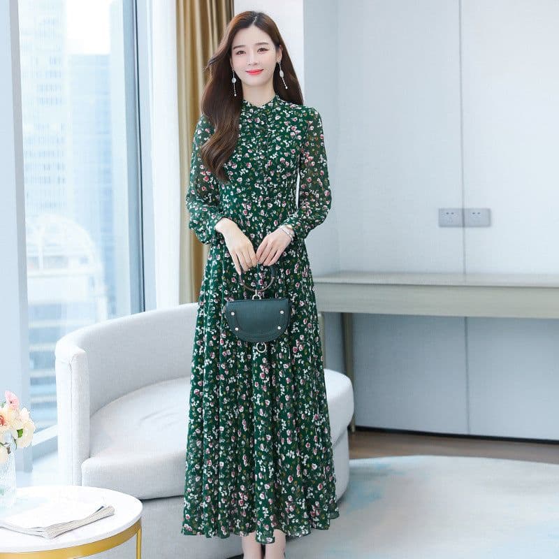 image-Floral Green Chiffon Dress - Big Swing Long Skirt 4XL Elegant