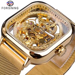 image-Forsining gold hollow watch men's fully automatic mechanical watch luminous mesh belt watch a generation