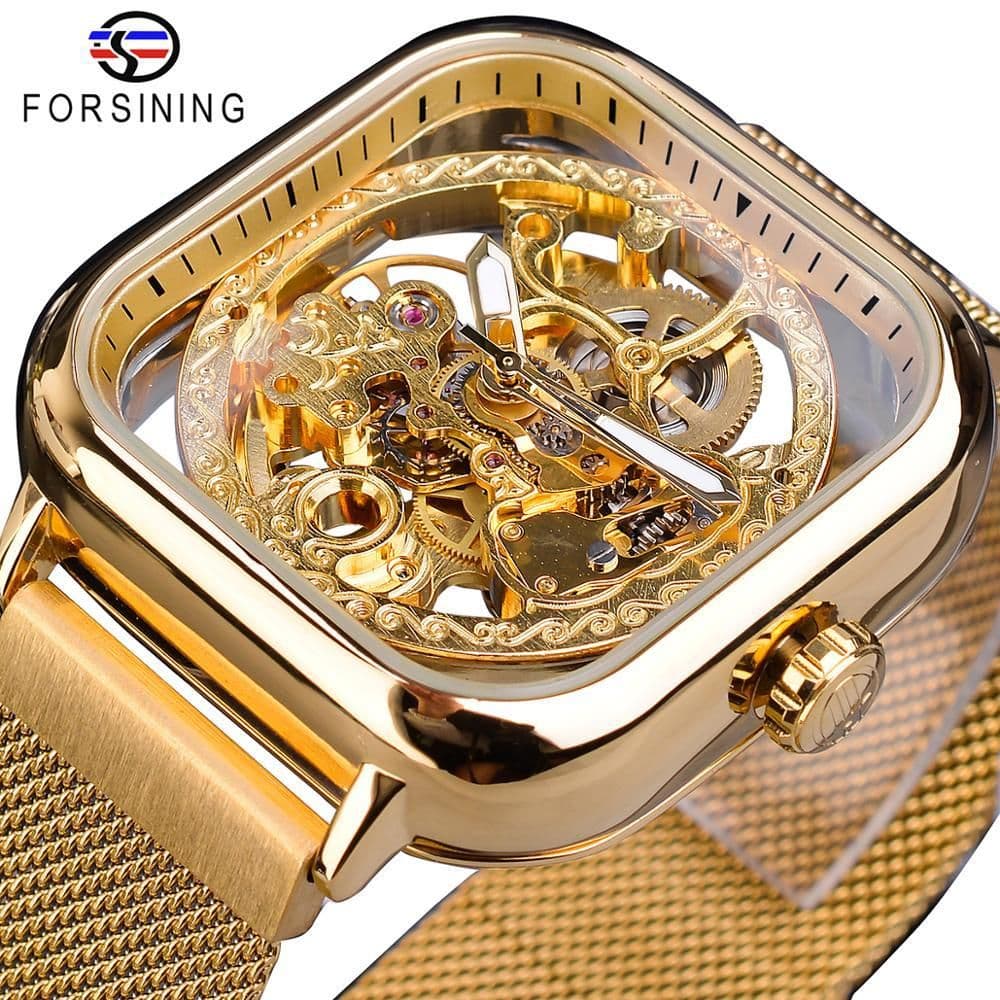 image-Forsining gold hollow watch men's fully automatic mechanical watch luminous mesh belt watch a generation
