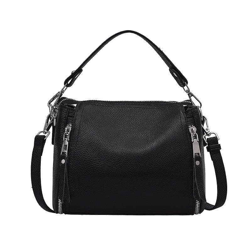 image-Genuine Leather Bucket Bag - Black Large Capacity