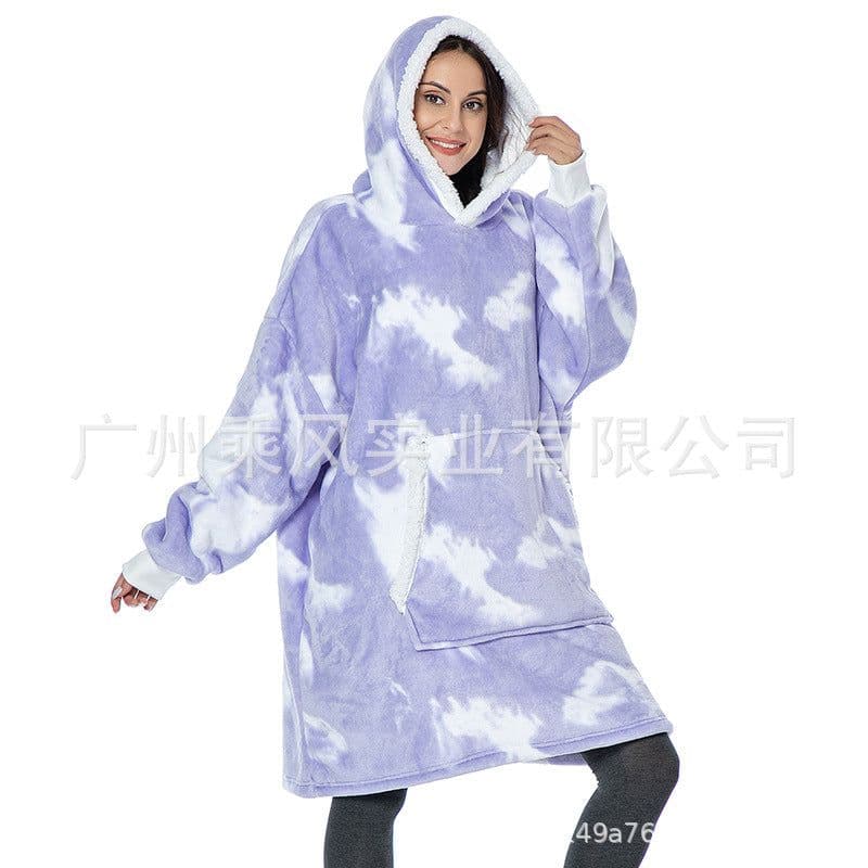 image-Tie-dye nightgown blue and white blouse flannel printing casual lazy blanket outdoor warm big pocket hooded sweater women