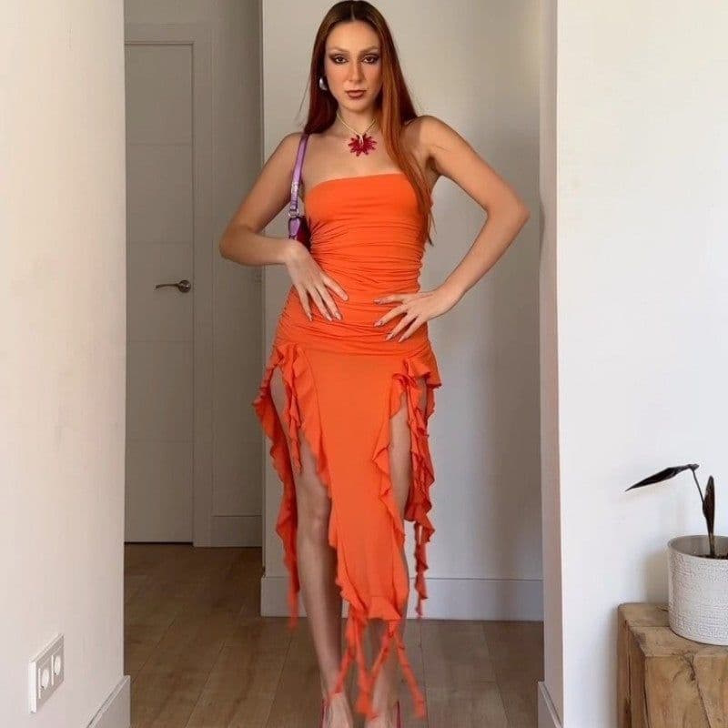 image-Women's Sleeveless Midi Dress - Irregular Tube Top Summer