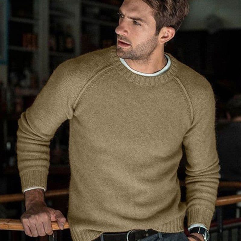 image-Men's Acrylic Knit Sweater - Yellow Crew Neck
