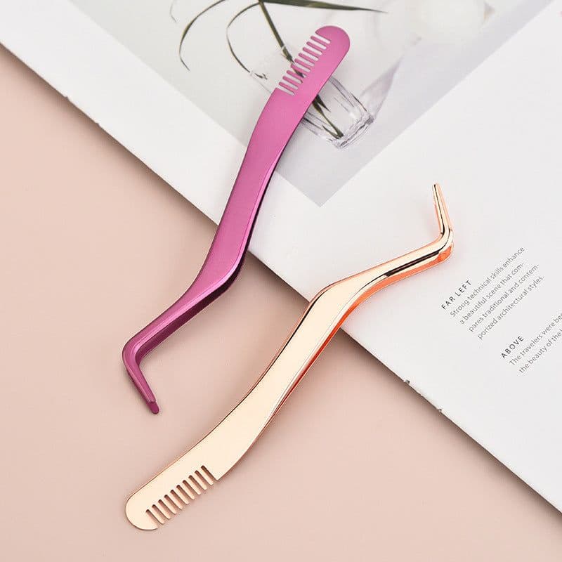 image-Stainless Steel Eyelash Tweezers with Comb