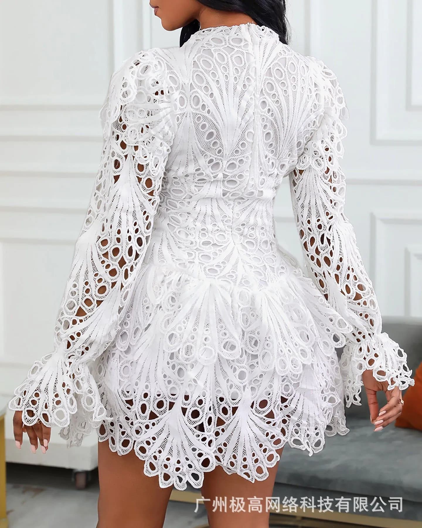 image-White Lace Hollow Dress - Polyester XL