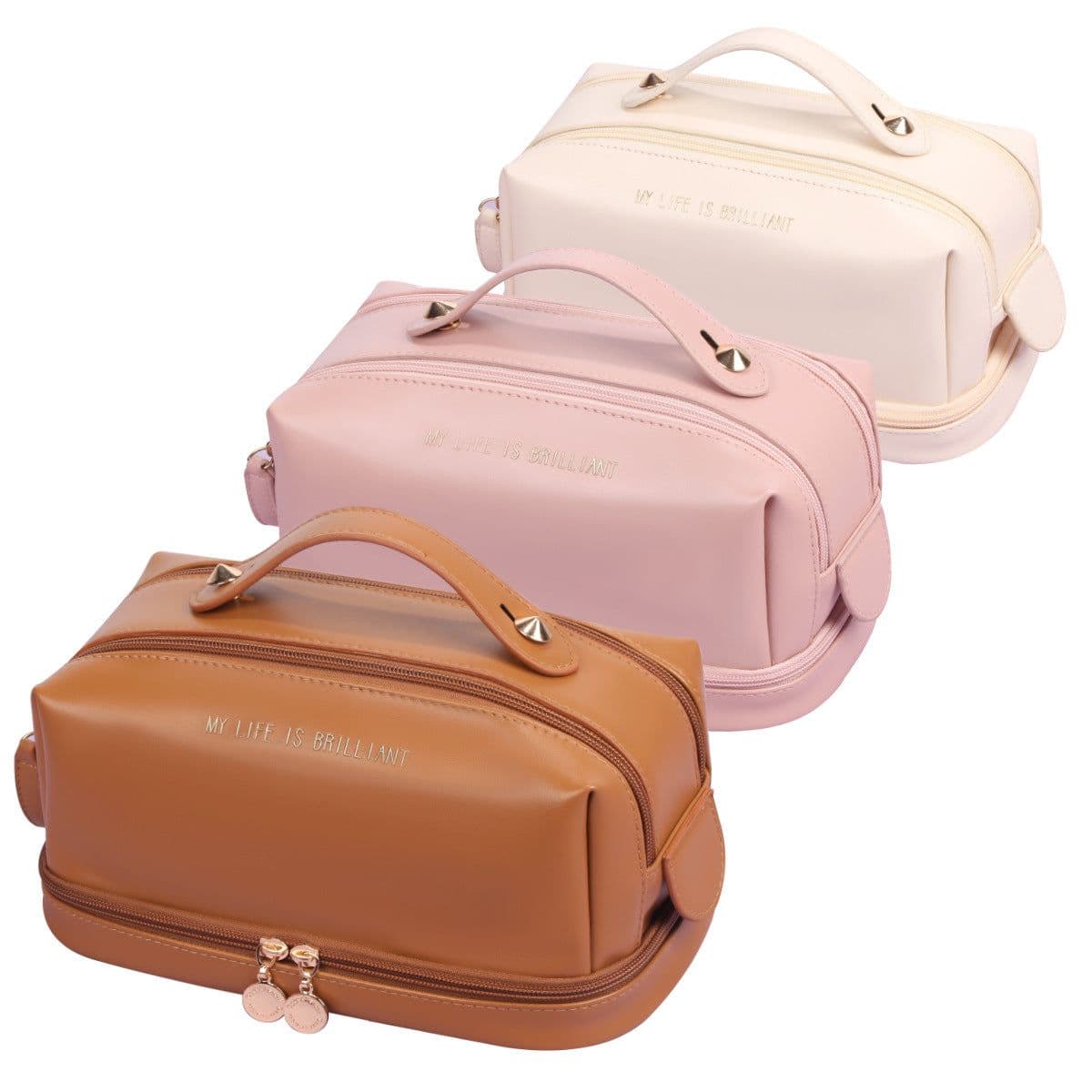 image-Rishang Cosmetic Bag - PU Leather Mocha Brown 25cm Waterproof