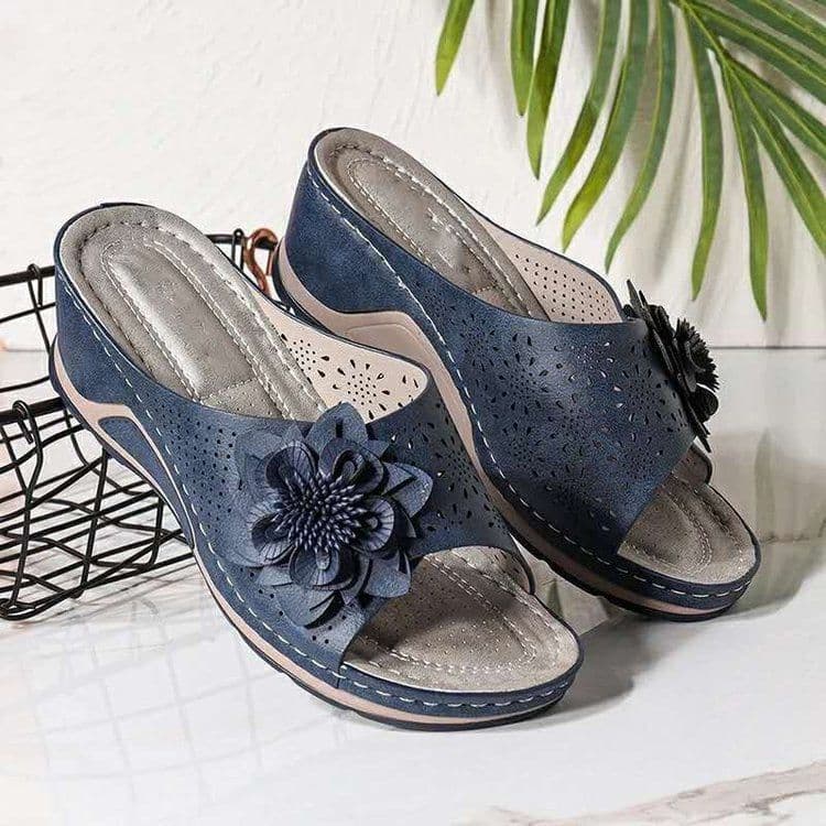 image-Women's Large Size Flower Wedge Sandals, 2021 EU Fashion, Navy Blue, 43