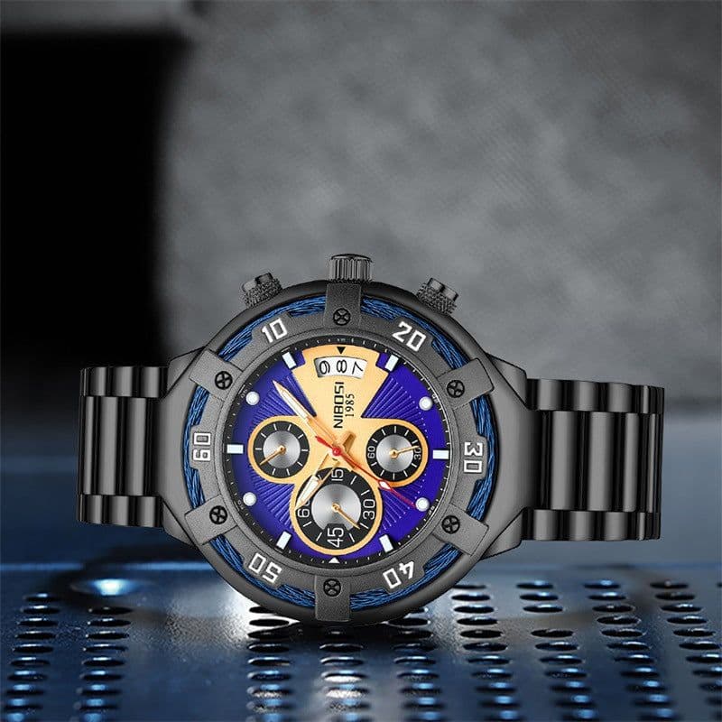 image-NIBOSI Men's Watch 46mm Quartz Black Gold