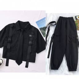 image-Korean Style Female Student Summer Suit - Black XL Urban Commuting Two-Piece Set