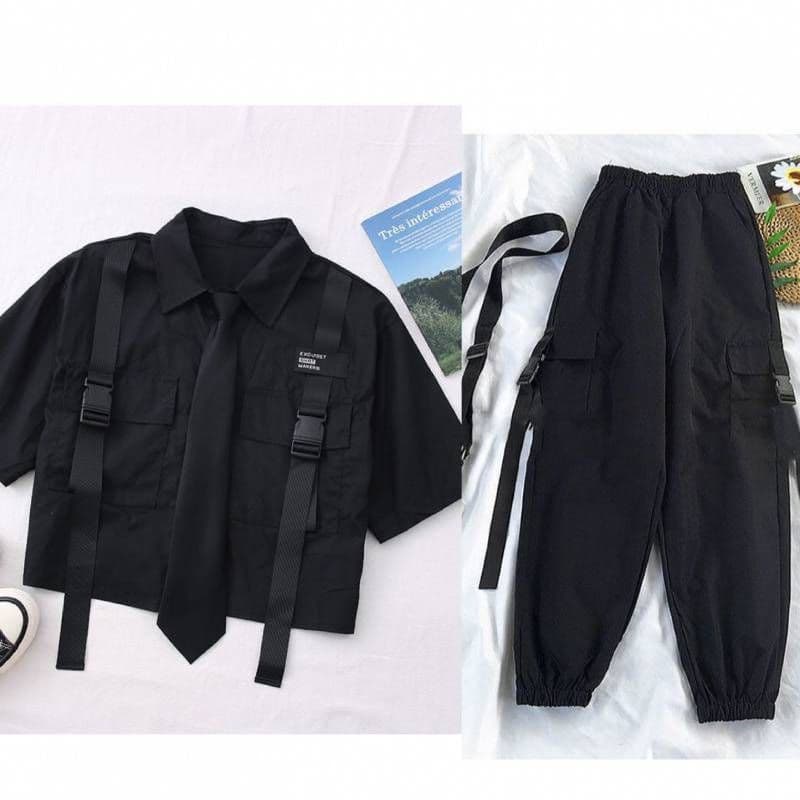 image-Korean Style Female Student Summer Suit - Black XL Urban Commuting Two-Piece Set