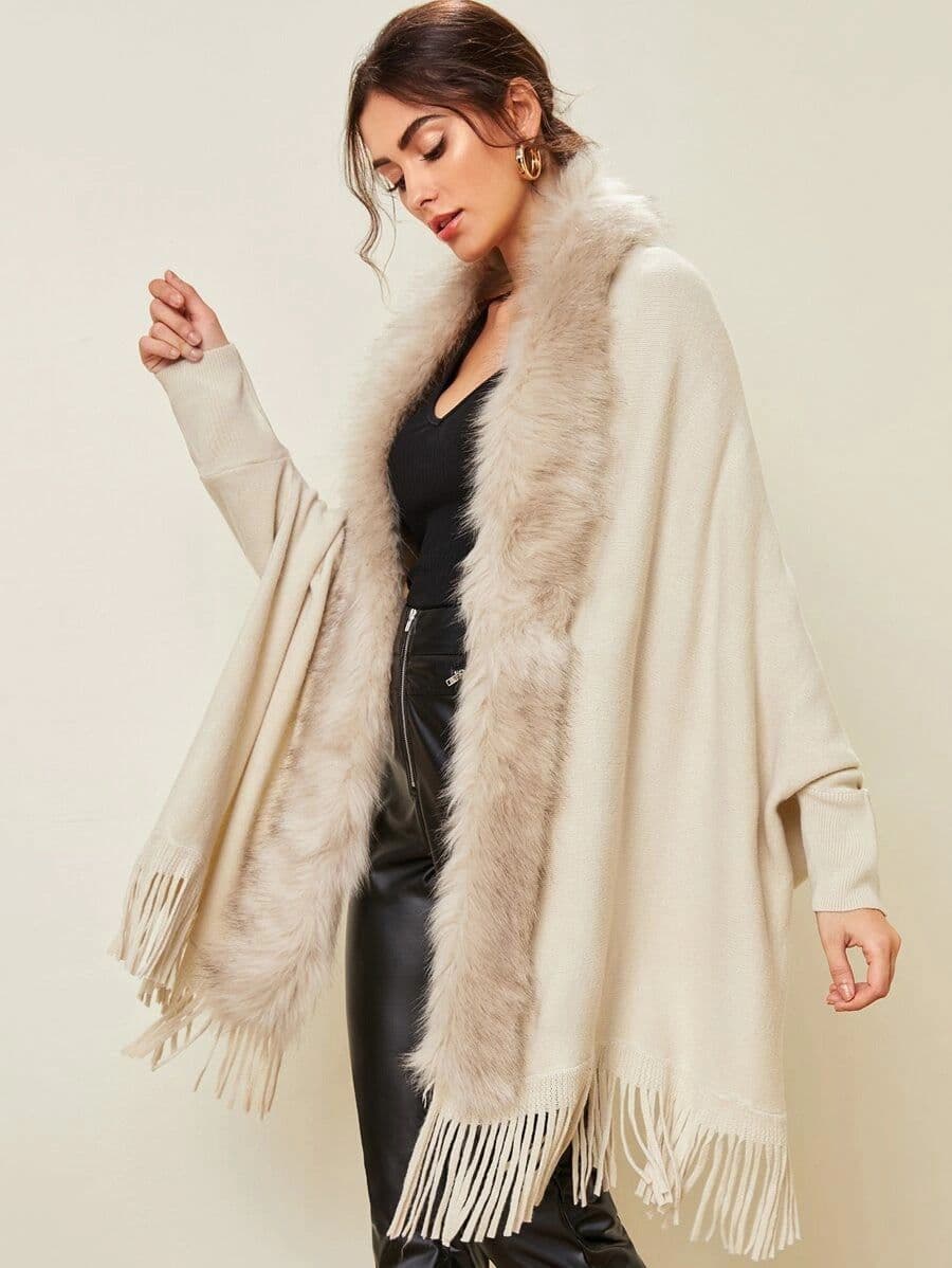 image-Dark Blue Cardigan Sweater Women Fur Collar