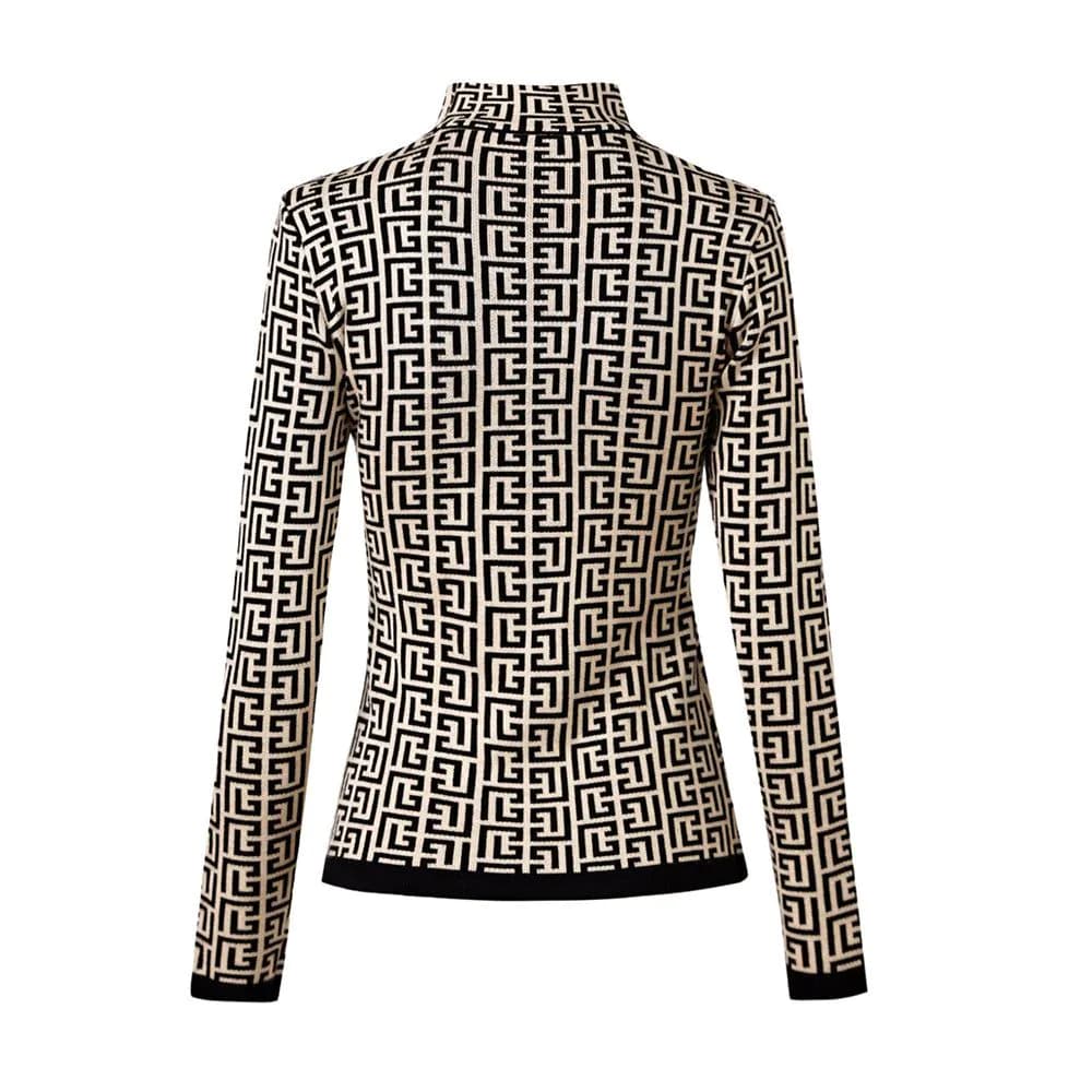 image-Women's Wool Blend Turtleneck Sweater - Black Pattern