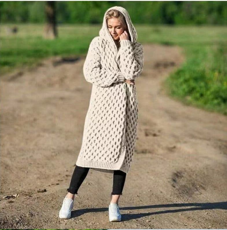 image-Womens Long Knitted Hooded Cardigan Coat