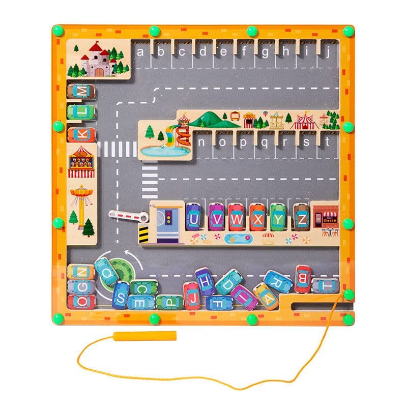 image-Magnetic Letter Matching Parking Maze Game - Wood