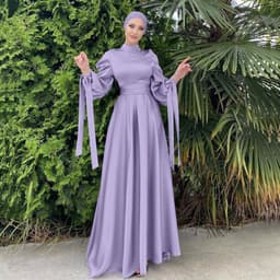 image-Women's Satin Abaya Dress - Long Sleeve Lace-Up
