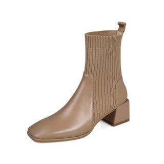 image-Women's Knitted Sock Boots - Square Toe Chunky Heel Ankle