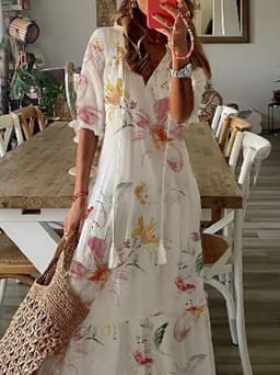 image-2022 Women's Floral V-neck Printed Dress - White 3XL