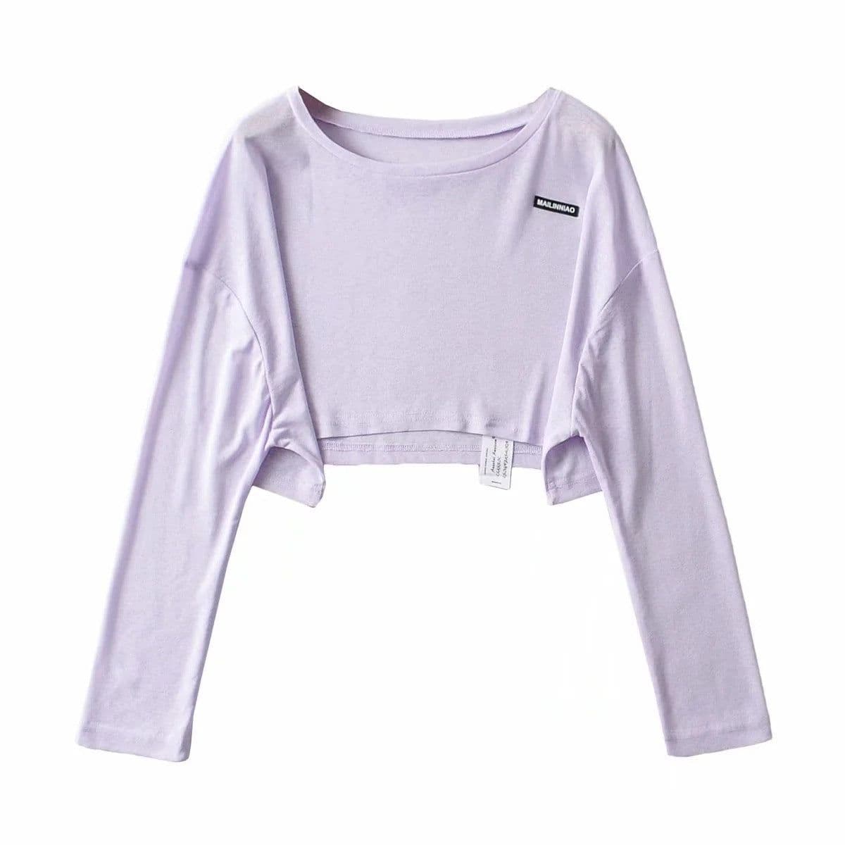 image-Women's Cropped T-Shirt - Long Sleeve Round Neck Loose Fit